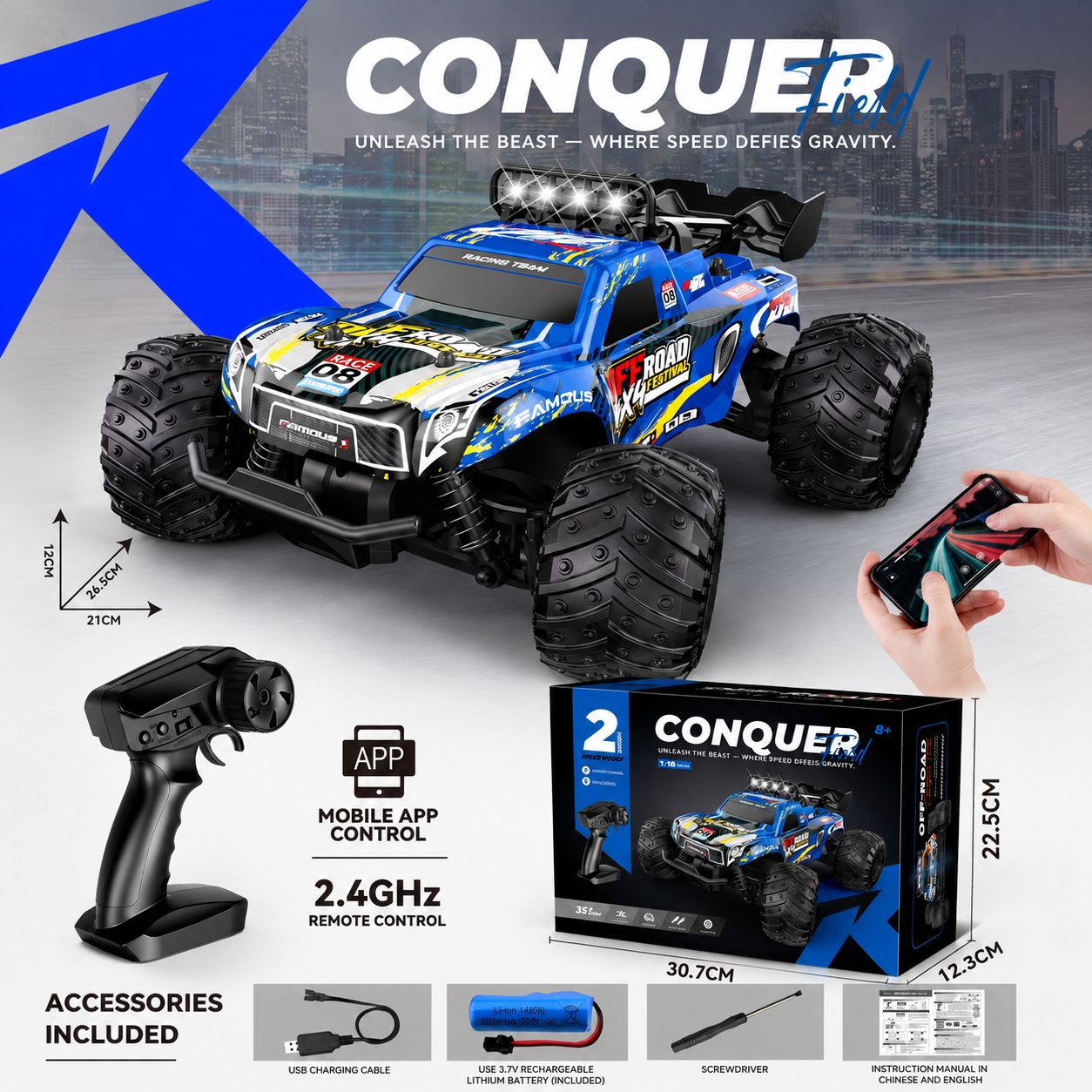 1:18 rc monster conquer truck for kids ages and hobby fans | 2.4ghz remote control car with led body lights | 20-32 km/h off-road toy truck