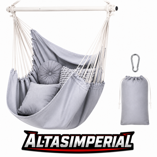 Hammock Chair Hanging Rope Swing, Maximum 300 lbs. 2-Seat Cushions Included, Good Quality Cotton Weave in Light Grey